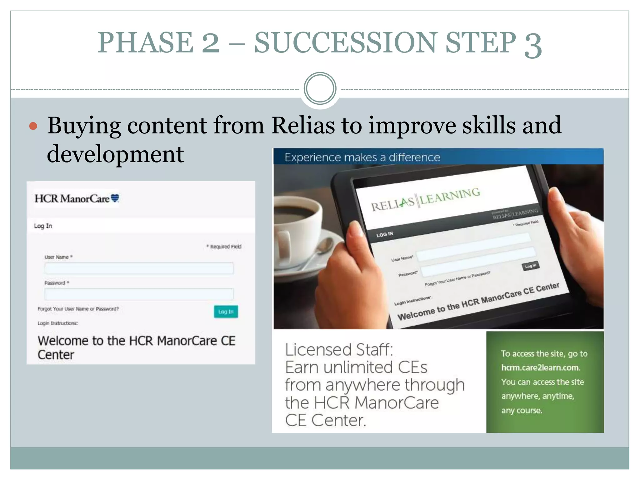 PHASE 2 – SUCCESSION STEP 3
 Buying content from Relias to improve skills and
development
 
