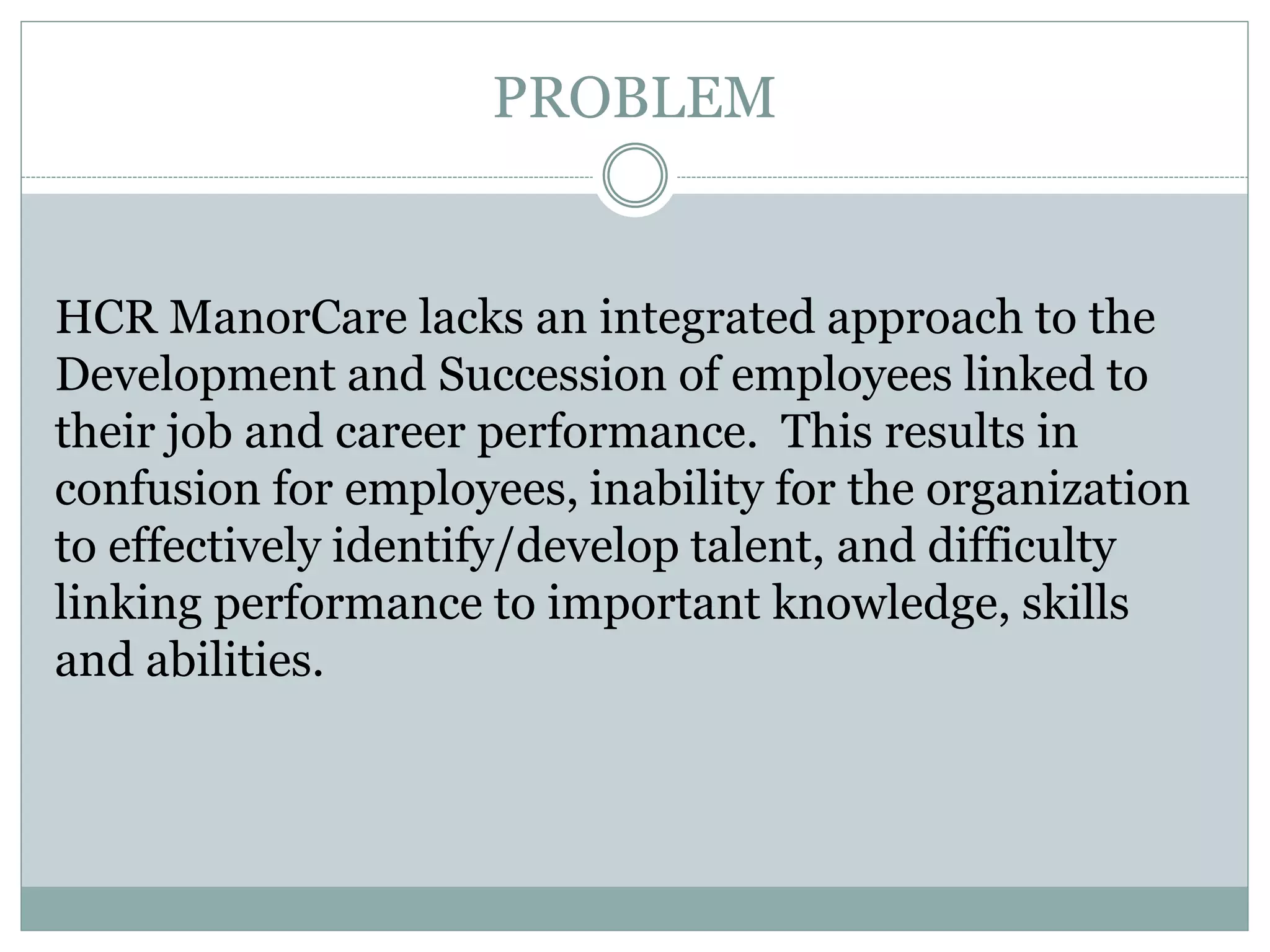PROBLEM
HCR ManorCare lacks an integrated approach to the
Development and Succession of employees linked to
their job and career performance. This results in
confusion for employees, inability for the organization
to effectively identify/develop talent, and difficulty
linking performance to important knowledge, skills
and abilities.
 