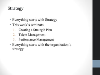 Strategy
• Everything starts with Strategy
• This week’s seminars
1. Creating a Strategic Plan
2. Talent Management
3. Performance Management
• Everything starts with the organization’s
strategy
12
 