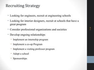 Recruiting Strategy
• Looking for engineers, recruit at engineering schools
• Looking for interior designers, recruit at schools that have a
great program
• Consider professional organizations and societies
• Develop ongoing relationships
• Implement an internship program
• Implement a co-op Program
• Implement a visiting professor program
• Adopt a school
• Sponsorships
7–18
 