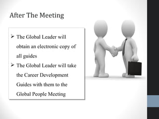 After The Meeting
 The Global Leader will
obtain an electronic copy of
all guides
 The Global Leader will take
the Career Development
Guides with them to the
Global People Meeting
 The Global Leader will
obtain an electronic copy of
all guides
 The Global Leader will take
the Career Development
Guides with them to the
Global People Meeting
 