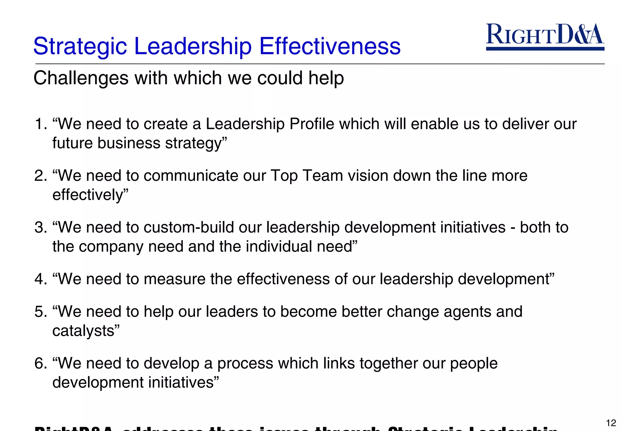Strategic Leadership Effectiveness
Challenges with which we could help

1. “We need to create a Leadership Profile which will enable us to deliver our
   future business strategy”

2. “We need to communicate our Top Team vision down the line more
   effectively”

3. “We need to custom-build our leadership development initiatives - both to
   the company need and the individual need”

4. “We need to measure the effectiveness of our leadership development”

5. “We need to help our leaders to become better change agents and
   catalysts”

6. “We need to develop a process which links together our people
   development initiatives”

                                                                                 12
 