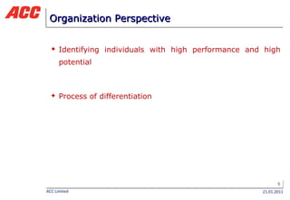 Organization Perspective  Identifying individuals with high performance and high potential Process of differentiation 