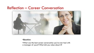 Reflection – Career Conversation
•Question:
•What was the best career conversation you’ve ever had with
a manager of yours? What did you value about it?
 