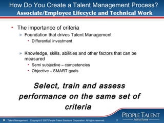 How Do You Create a Talent Management Process?
       Associate/Employee Lifecycle and Technical Work

   • The importance of criteria
          » Foundation that drives Talent Management
                    • Differential investment


          » Knowledge, skills, abilities and other factors that can be
            measured
                    • Semi subjective – competencies
                    • Objective – SMART goals


             Select, train and assess
         performance on the same set of
                      criteria
Talent Management    Copyright © 2007 People Talent Solutions Corporation. All rights reserved.   11
 