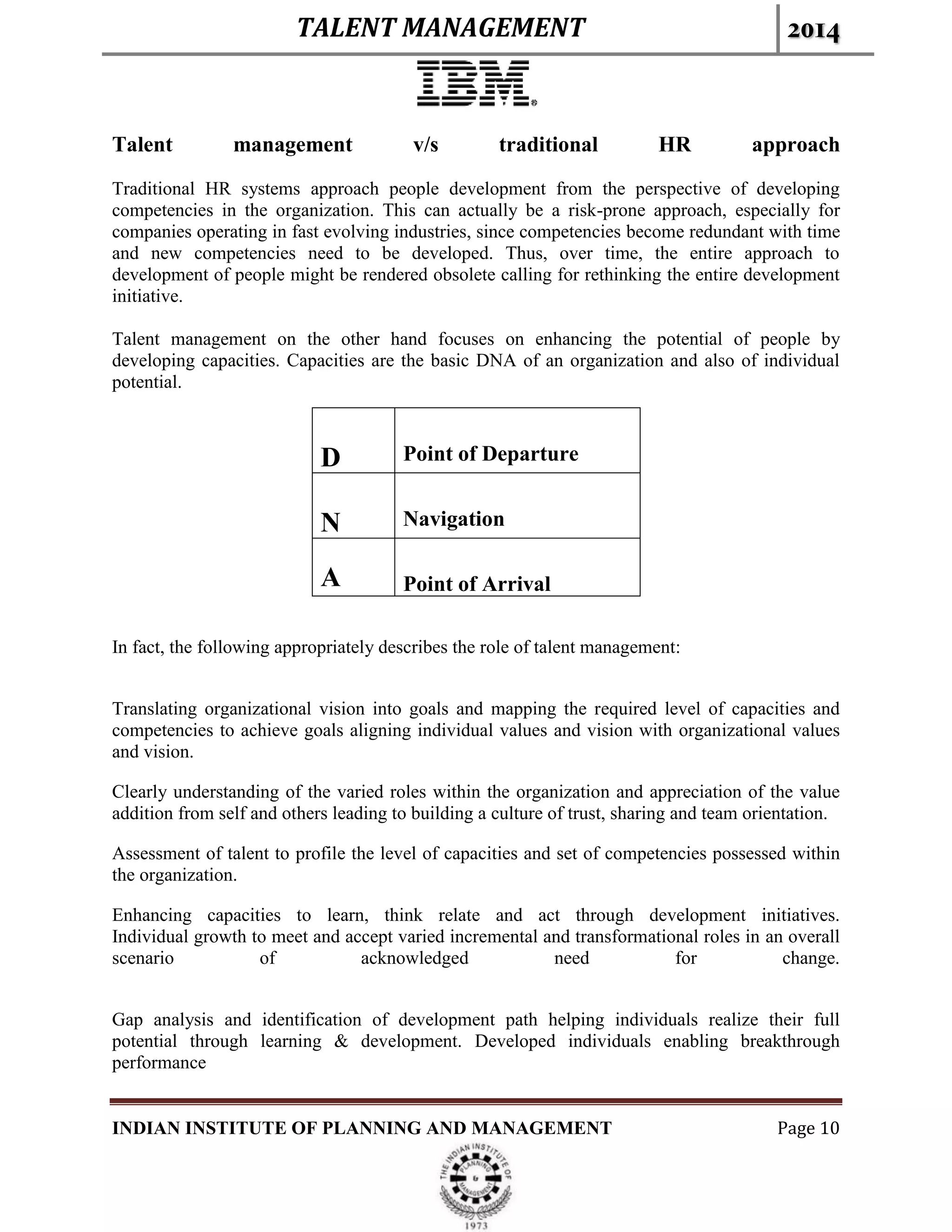 TALENT MANAGEMENT 2014
INDIAN INSTITUTE OF PLANNING AND MANAGEMENT Page 10
Talent management v/s traditional HR approach
Traditional HR systems approach people development from the perspective of developing
competencies in the organization. This can actually be a risk-prone approach, especially for
companies operating in fast evolving industries, since competencies become redundant with time
and new competencies need to be developed. Thus, over time, the entire approach to
development of people might be rendered obsolete calling for rethinking the entire development
initiative.
Talent management on the other hand focuses on enhancing the potential of people by
developing capacities. Capacities are the basic DNA of an organization and also of individual
potential.
In fact, the following appropriately describes the role of talent management:
Translating organizational vision into goals and mapping the required level of capacities and
competencies to achieve goals aligning individual values and vision with organizational values
and vision.
Clearly understanding of the varied roles within the organization and appreciation of the value
addition from self and others leading to building a culture of trust, sharing and team orientation.
Assessment of talent to profile the level of capacities and set of competencies possessed within
the organization.
Enhancing capacities to learn, think relate and act through development initiatives.
Individual growth to meet and accept varied incremental and transformational roles in an overall
scenario of acknowledged need for change.
Gap analysis and identification of development path helping individuals realize their full
potential through learning & development. Developed individuals enabling breakthrough
performance
D Point of Departure
N Navigation
A Point of Arrival
 
