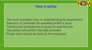 How it works
l
The most important thing is understanding its requirement
l
Selection of candidate for specified profile is done
l
Training and development is given for specified job
l
The person will perform the task provided
l
Proper work should be done by the employee
 