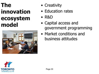 The
innovation
ecosystem
model
• Creativity
• Education rates
• R&D
• Capital access and
government programming
• Market conditions and
business attitudes
Page 30
 