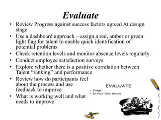 Evaluate
• Review Progress against success factors agreed At design
stage
• Use a dashboard approach – assign a red, amber or green
light flag for talent to enable quick identification of
potential problems
• Check retention levels and monitor absence levels regularly
• Conduct employee satisfaction surveys
• Explore whether there is a positive correlation between
Talent “ranking” and performance
• Review how do participants feel
about the process and use
feedback to improve
• What is working well and what
needs to improve
 