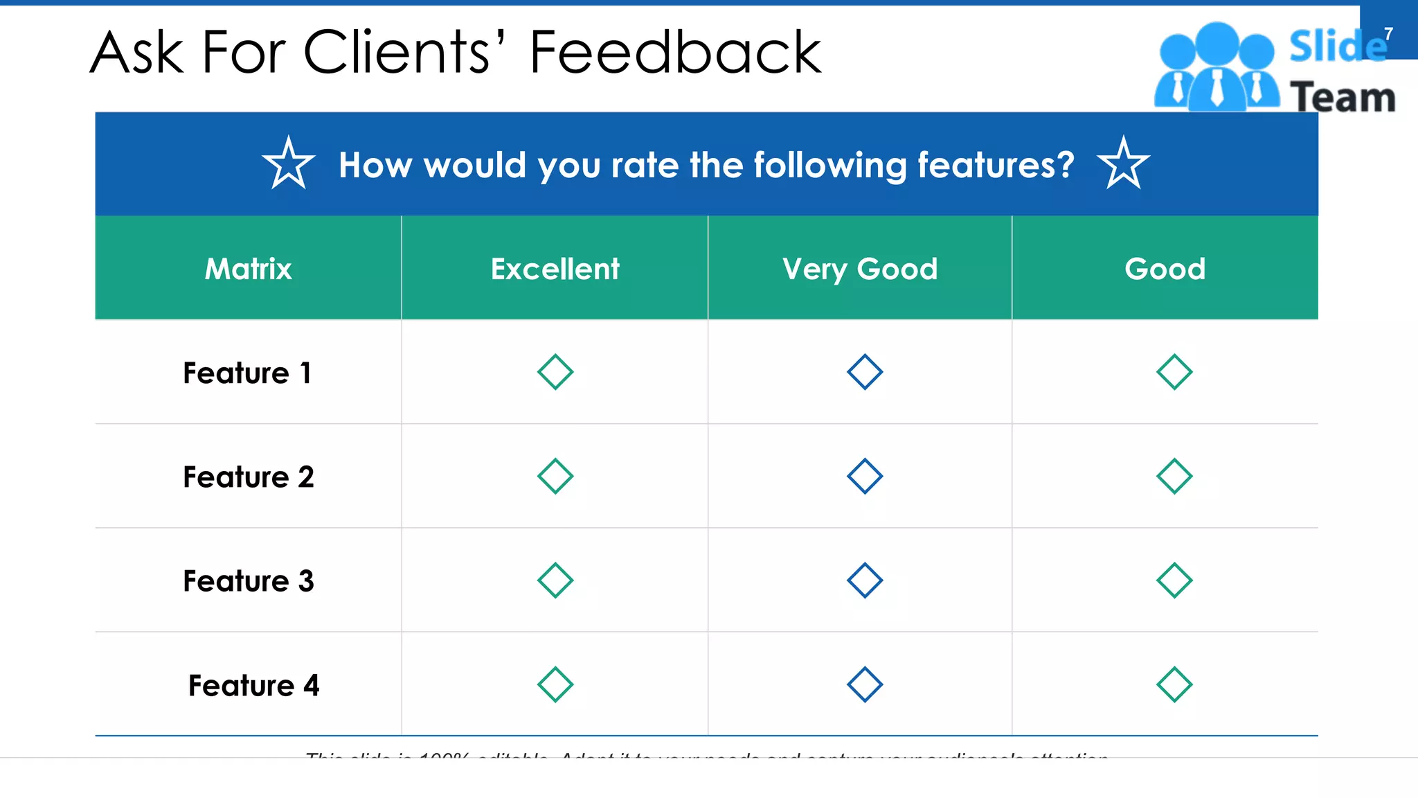 Ask For Clients’ Feedback
How would you rate the following features?
Matrix Excellent Very Good Good
Feature 1
Feature 2
Feature 3
Feature 4
This slide is 100% editable. Adapt it to your needs and capture your audience's attention.
7
 
