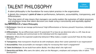 TALENT PHILOSOPHY
A talent philosophy is the foundation for every talent practice in the organization.
It details the company’s point of view on performance, behaviors, accountability, transparency, and
differentiation.
That clear point of view means that managers can easily explain the outcomes of talent processes
and employees know that talent decisions are made using a consistently and equitably applied
approach. (*)
(*) Talent Strategy
Group
Key definitions of a Talent Philosophy
1. Performance: How do we manage performance? High differentiation or fairness prevails? Incentives, Individual
vs Teams?
2. Differentiation: Do we differentiate talent? Hi potentials? If so how do we determine who is a HP, how do we
compensate, develop and communicate to the individual and the organization.
3. Behaviors: What are the expected Leadership behaviors? What makes a Leader successful? How do they shape
the culture?
4. Transparency: How transparent should we be with employees about their career potential in our organization?
5. Accountability: How accountable are managers today for increasing their team’s engagement?
6. Talent Architecture: Do we build from within (Build), Hire (Buy) what's the right mix?
7. Ownership and Roles. Who owns the talent, what are the Managers, employee and company roles in talent
development
Talent
Philosophy
 