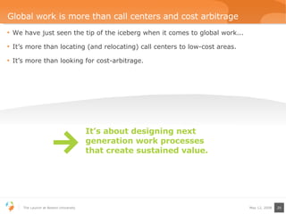 Global work is more than call centers and cost arbitrage We have just seen the tip of the iceberg when it comes to global work... It’s more than locating (and relocating) call centers to low-cost areas. It’s more than looking for cost-arbitrage. It’s about designing next generation work processes that create sustained value. 