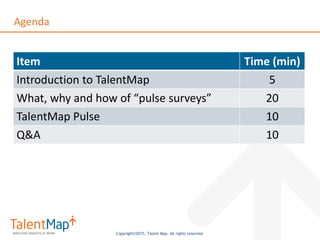 Copyright©2015, Talent Map. All rights reserved.
2
Topic Agenda
Item Time (min)
Introduction to TalentMap 5
What, why and how of “pulse surveys” 20
TalentMap Pulse 10
Q&A 10
Agenda
 