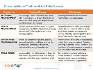 Copyright©2015, Talent Map. All rights reserved.
Characteristics of Traditional and Pulse Surveys
47
Characteristic Traditional Surveys Pulse Surveys
METHOD OF
ADMINISTRATION
Increasingly conducted online, but some
still require paper to ensure the ability to
reach frontline, geographically dispersed,
and technology un-enabled
Typically perceived to be an online
(technology-enabled) process;
EASE OF
ADMINISTRATION
Mixed: some organizations rely on expert
survey vendors; others have internal survey
groups and/ or internal custom online
survey programs
Generally self-service (Surveymonkey),
simple-to-use tools are often to build,
administer, analyze, and report the
survey). Recently a growing set of ‘pulse
survey’ companies have sprouted
PROMOTIONS/
COMMUNICATION
Event-based communications, posters,
general marketing, and hype to drive the
process and enhance participation,
accountability, and action planning
Promotion of actions and success stories
rather than the survey event. Ongoing
trending and timely results reinforce the
timeliness of the process and emphasize
real-time nature of data collected.
TAKING ACTION Accountability for taking action is driven to
the lowest organization level possible (for
example, front-line supervisorIteam level)
Can be as targeted as a traditional
survey if taken to the same level (for
example, work group level) but not
typical. Used to track larger trends
 