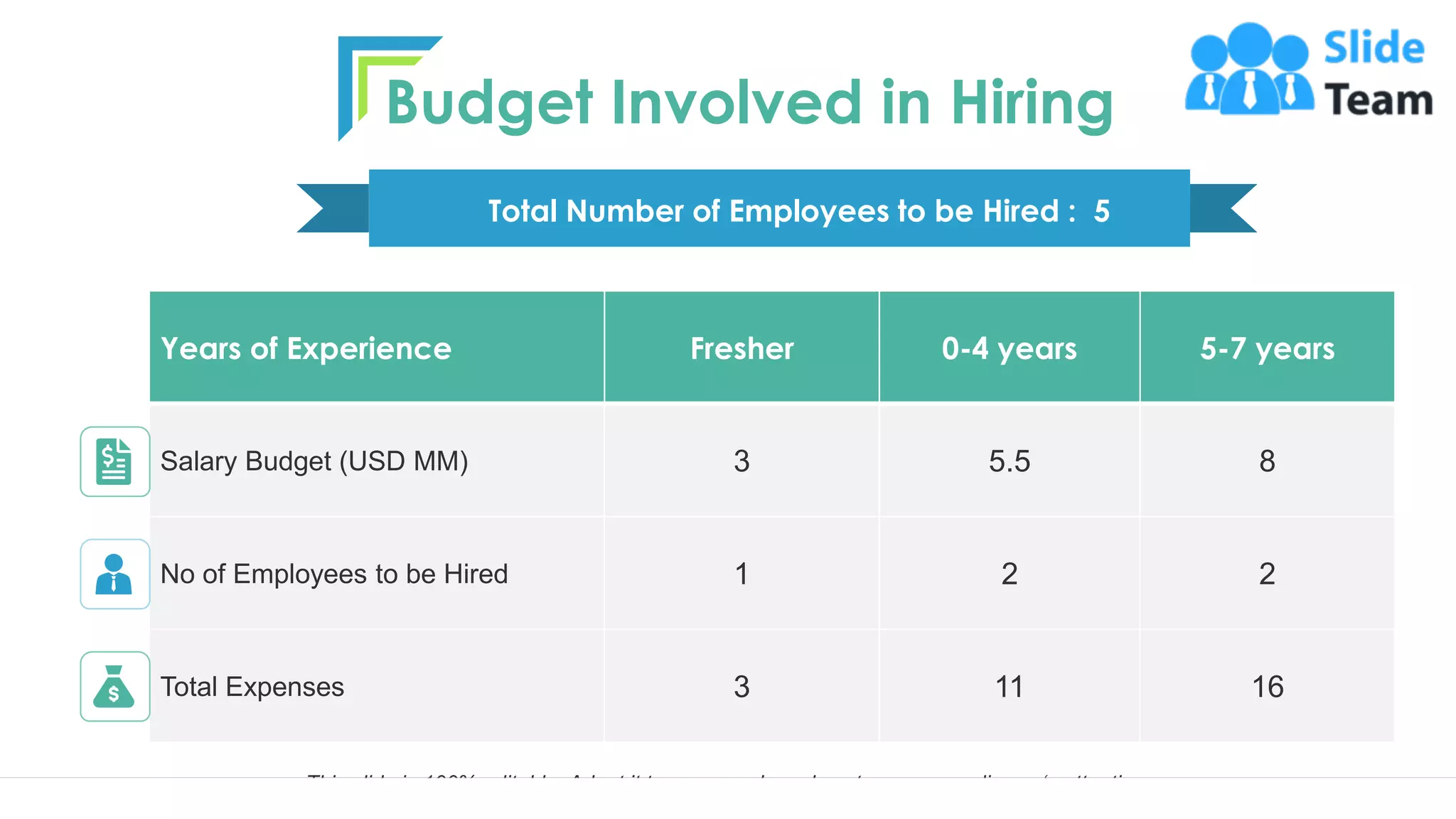 Budget Involved in Hiring
Years of Experience Fresher 0-4 years 5-7 years
Salary Budget (USD MM) 3 5.5 8
No of Employees to be Hired 1 2 2
Total Expenses 3 11 16
Total Number of Employees to be Hired : 5
This slide is 100% editable. Adapt it to your needs and capture your audience ‘s attention. 12
 