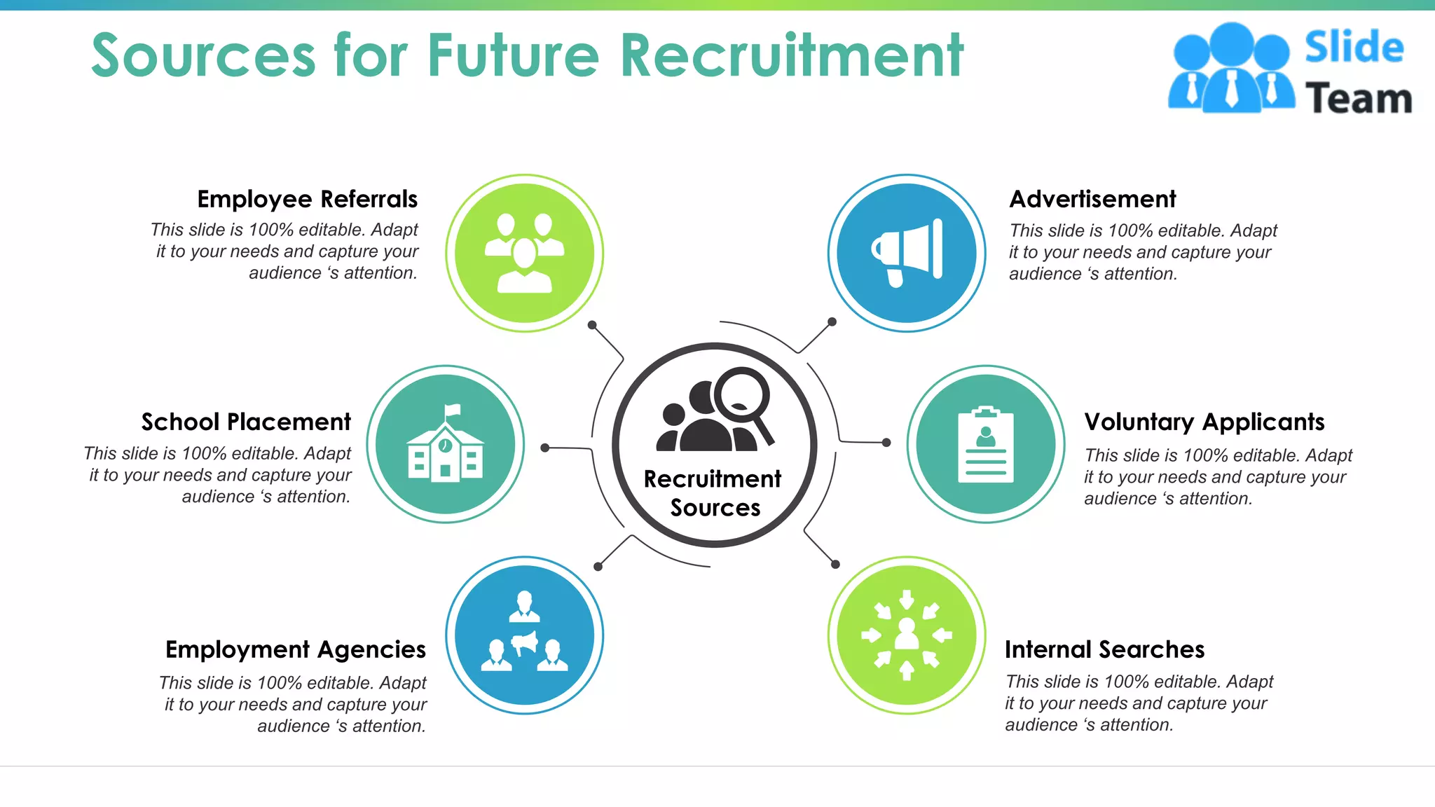 Sources for Future Recruitment
Recruitment
Sources
Advertisement
This slide is 100% editable. Adapt
it to your needs and capture your
audience ‘s attention.
Voluntary Applicants
This slide is 100% editable. Adapt
it to your needs and capture your
audience ‘s attention.
Employee Referrals
This slide is 100% editable. Adapt
it to your needs and capture your
audience ‘s attention.
School Placement
This slide is 100% editable. Adapt
it to your needs and capture your
audience ‘s attention.
Employment Agencies
This slide is 100% editable. Adapt
it to your needs and capture your
audience ‘s attention.
Internal Searches
This slide is 100% editable. Adapt
it to your needs and capture your
audience ‘s attention.
9
 