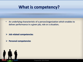 What is competency?
• An underlying characteristic of a person/organization which enables to
deliver performance in a given job, role or a situation.
 Job related competencies
 Personal competencies
9
Prepared By: Zohra Rubab
 