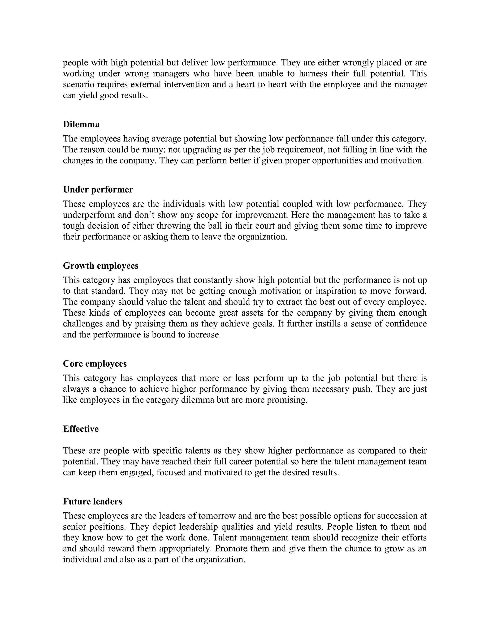 people with high potential but deliver low performance. They are either wrongly placed or are
working under wrong managers who have been unable to harness their full potential. This
scenario requires external intervention and a heart to heart with the employee and the manager
can yield good results.
Dilemma
The employees having average potential but showing low performance fall under this category.
The reason could be many: not upgrading as per the job requirement, not falling in line with the
changes in the company. They can perform better if given proper opportunities and motivation.
Under performer
These employees are the individuals with low potential coupled with low performance. They
underperform and don’t show any scope for improvement. Here the management has to take a
tough decision of either throwing the ball in their court and giving them some time to improve
their performance or asking them to leave the organization.
Growth employees
This category has employees that constantly show high potential but the performance is not up
to that standard. They may not be getting enough motivation or inspiration to move forward.
The company should value the talent and should try to extract the best out of every employee.
These kinds of employees can become great assets for the company by giving them enough
challenges and by praising them as they achieve goals. It further instills a sense of confidence
and the performance is bound to increase.
Core employees
This category has employees that more or less perform up to the job potential but there is
always a chance to achieve higher performance by giving them necessary push. They are just
like employees in the category dilemma but are more promising.
Effective
These are people with specific talents as they show higher performance as compared to their
potential. They may have reached their full career potential so here the talent management team
can keep them engaged, focused and motivated to get the desired results.
Future leaders
These employees are the leaders of tomorrow and are the best possible options for succession at
senior positions. They depict leadership qualities and yield results. People listen to them and
they know how to get the work done. Talent management team should recognize their efforts
and should reward them appropriately. Promote them and give them the chance to grow as an
individual and also as a part of the organization.
 