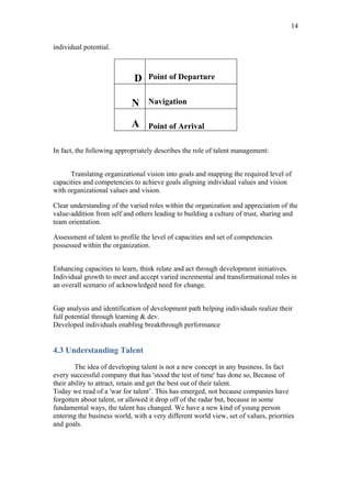 14

individual potential.



                             D    Point of Departure


                            N     Navigation

                            A     Point of Arrival

In fact, the following appropriately describes the role of talent management:


      Translating organizational vision into goals and mapping the required level of
capacities and competencies to achieve goals aligning individual values and vision
with organizational values and vision.

Clear understanding of the varied roles within the organization and appreciation of the
value-addition from self and others leading to building a culture of trust, sharing and
team orientation.

Assessment of talent to profile the level of capacities and set of competencies
possessed within the organization.


Enhancing capacities to learn, think relate and act through development initiatives.
Individual growth to meet and accept varied incremental and transformational roles in
an overall scenario of acknowledged need for change.


Gap analysis and identification of development path helping individuals realize their
full potential through learning & dev.
Developed individuals enabling breakthrough performance


4.3 Understanding Talent
        The idea of developing talent is not a new concept in any business. In fact
every successful company that has 'stood the test of time' has done so, Because of
their ability to attract, retain and get the best out of their talent.
Today we read of a 'war for talent’. This has emerged, not because companies have
forgotten about talent, or allowed it drop off of the radar but, because in some
fundamental ways, the talent has changed. We have a new kind of young person
entering the business world, with a very different world view, set of values, priorities
and goals.
 