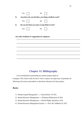 87



             Yes                        No

   5)      Anywhere do you feel that, you doing a bullock work?

             Yes                        No

   6)      Do you feel that you select wrong field to work?

             Yes                        No



   Any other feedback or suggestions by employee:




                        Chapter 11: Bibliography
     I am overwhelmed in presenting my summer project report in
Company LTD, Nasik works for this I wish to express my deep sense of gratitude for
following web sources and authors to take there references for these project.


Books:


   1) Human Capital Management ----- Garry Desslar (P 542)
   2) Human Resource Management ---- Himalaya Publications (P 386)
   3) Human Resource Management --- Oxford Higher education ( p74)
   4) Human Resource Management System ----- Prof. Mr. Subbarao (P, 243)
 
