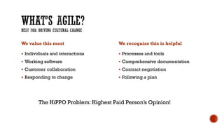 We value this most
 Individuals and interactions
 Working software
 Customer collaboration
 Responding to change
We recognise this is helpful
 Processes and tools
 Comprehensive documentation
 Contract negotiation
 Following a plan
The HiPPO Problem: Highest Paid Person’s Opinion!
 