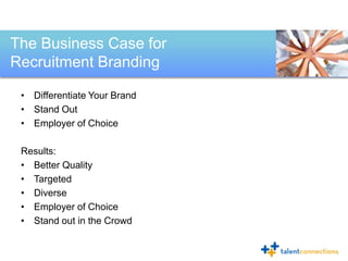 The Business Case for
Recruitment Branding

 • Differentiate Your Brand
 • Stand Out
 • Employer of Choice

 Results:
 • B...