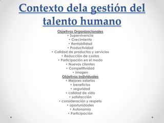 Contexto dela gestión del talento humanoObjetivos Organizacionales• Supervivencia• Crecimiento• Rentabilidad• Productividad• Calidad de productos y servicios• Reducción de costos• Participación en el modo• Nuevos clientes• Competitividad• imagenObjetivos individuales• Mejores salarios• beneficios• seguridad• calidad de vida• satisfacción• consideración y respeto• oportunidades• Autonomía• Participación