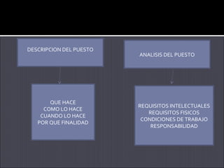 DESCRIPCION DEL PUESTO

QUE HACE
COMO LO HACE
CUANDO LO HACE
POR QUE FINALIDAD

ANALISIS DEL PUESTO

REQUISITOS INTELECTUALES
REQUISITOS FISICOS
CONDICIONES DE TRABAJO
RESPONSABILIDAD

 