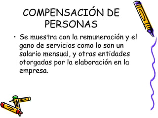 COMPENSACIÓN DE PERSONAS Se muestra con la remuneración y el gano de servicios como lo son un salario mensual, y otras entidades otorgadas por la elaboración en la empresa. 
