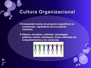 Cultura OrganizacionalComprende modos de actuación específicos no conscientes, reguladores de la conducta Colectiva:Valores, principios, actitudes, tecnologías, políticas, misión, estrategias. Estos uniforman los comportamientos y las conductas