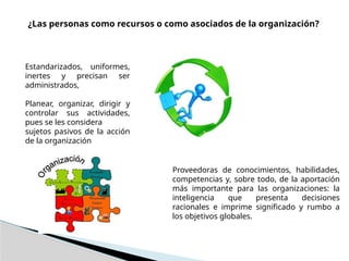 ¿Las personas como recursos o como asociados de la organización?
Estandarizados, uniformes,
inertes y precisan ser
administrados,
Planear, organizar, dirigir y
controlar sus actividades,
pues se les considera
sujetos pasivos de la acción
de la organización
Proveedoras de conocimientos, habilidades,
competencias y, sobre todo, de la aportación
más importante para las organizaciones: la
inteligencia que presenta decisiones
racionales e imprime significado y rumbo a
los objetivos globales.
 