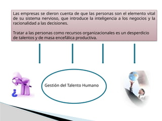 Las empresas se dieron cuenta de que las personas son el elemento vital
de su sistema nervioso, que introduce la inteligencia a los negocios y la
racionalidad a las decisiones.
Tratar a las personas como recursos organizacionales es un desperdicio
de talentos y de masa encefálica productiva.
Gestión del Talento Humano
 