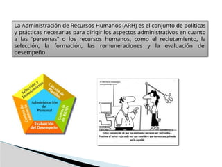 La Administración de Recursos Humanos (ARH) es el conjunto de políticas
y prácticas necesarias para dirigir los aspectos administrativos en cuanto
a las “personas” o los recursos humanos, como el reclutamiento, la
selección, la formación, las remuneraciones y la evaluación del
desempeño
 