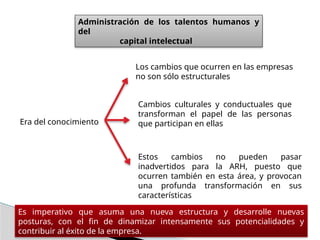 Administración de los talentos humanos y
del
capital intelectual
Los cambios que ocurren en las empresas
no son sólo estructurales
Era del conocimiento
Cambios culturales y conductuales que
transforman el papel de las personas
que participan en ellas
Estos cambios no pueden pasar
inadvertidos para la ARH, puesto que
ocurren también en esta área, y provocan
una profunda transformación en sus
características
Es imperativo que asuma una nueva estructura y desarrolle nuevas
posturas, con el fin de dinamizar intensamente sus potencialidades y
contribuir al éxito de la empresa.
 