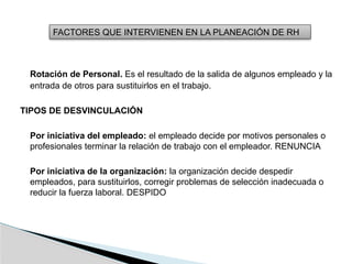 FACTORES QUE INTERVIENEN EN LA PLANEACIÓN DE RH
Rotación de Personal. Es el resultado de la salida de algunos empleado y la
entrada de otros para sustituirlos en el trabajo.
TIPOS DE DESVINCULACIÓN
Por iniciativa del empleado: el empleado decide por motivos personales o
profesionales terminar la relación de trabajo con el empleador. RENUNCIA
Por iniciativa de la organización: la organización decide despedir
empleados, para sustituirlos, corregir problemas de selección inadecuada o
reducir la fuerza laboral. DESPIDO
 