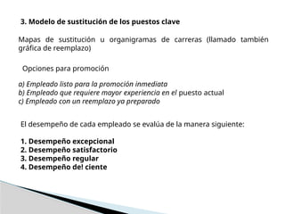 3. Modelo de sustitución de los puestos clave
Mapas de sustitución u organigramas de carreras (llamado también
gráfica de reemplazo)
Opciones para promoción
a) Empleado listo para la promoción inmediata
b) Empleado que requiere mayor experiencia en el puesto actual
c) Empleado con un reemplazo ya preparado
El desempeño de cada empleado se evalúa de la manera siguiente:
1. Desempeño excepcional
2. Desempeño satisfactorio
3. Desempeño regular
4. Desempeño de! ciente
 