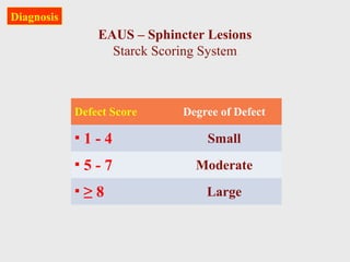 Defect Score Degree of Defect
 1 - 4 Small
 5 - 7 Moderate
 ≥ 8 Large
EAUS – Sphincter Lesions
Starck Scoring System
Diagnosis
 
