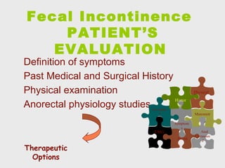 Fecal Incontinence
PATIENT’S
EVALUATION
Definition of symptoms
Past Medical and Surgical History
Physical examination
Anorectal physiology studies
Manometr
y
Anal
Ultrasoun
d
Investigatio
n
EMG
Histor
y
Physical
Therapeutic
Options
Symptom
s
PNTML
 