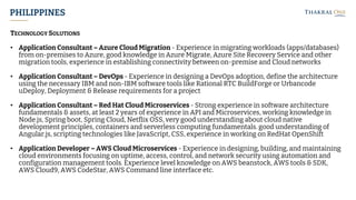 PHILIPPINES
TECHNOLOGY SOLUTIONS
• Application Consultant – Azure Cloud Migration - Experience in migrating workloads (apps/databases)
from on-premises to Azure, good knowledge in Azure Migrate, Azure Site Recovery Service and other
migration tools, experience in establishing connectivity between on-premise and Cloud networks
• Application Consultant – DevOps - Experience in designing a DevOps adoption, define the architecture
using the necessary IBM and non-IBM software tools like Rational RTC BuildForge or Urbancode
uDeploy, Deployment & Release requirements for a project
• Application Consultant – Red Hat Cloud Microservices - Strong experience in software architecture
fundamentals & assets, at least 2 years of experience in API and Microservices, working knowledge in
Node.js, Spring boot, Spring Cloud, Netflix OSS, very good understanding about cloud native
development principles, containers and serverless computing fundamentals. good understanding of
Angular.js, scripting technologies like JavaScript, CSS, experience in working on RedHat OpenShift
• Application Developer – AWS Cloud Microservices - Experience in designing, building, and maintaining
cloud environments focusing on uptime, access, control, and network security using automation and
configuration management tools. Experience level knowledge on AWS beanstock, AWS tools & SDK,
AWS Cloud9, AWS CodeStar, AWS Command line interface etc.
 
