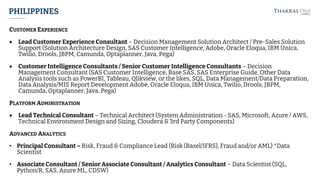 PHILIPPINES
CUSTOMER EXPERIENCE
• Lead Customer Experience Consultant – Decision Management Solution Architect / Pre-Sales Solution
Support (Solution Architecture Design, SAS Customer Intelligence, Adobe, Oracle Eloqua, IBM Unica,
Twilio, Drools, JBPM, Camunda, Optaplanner, Java, Pega)
• Customer Intelligence Consultants / Senior Customer Intelligence Consultants – Decision
Management Consultant (SAS Customer Intelligence, Base SAS, SAS Enterprise Guide, Other Data
Analysis tools such as PowerBI, Tableau, Qlikview, or the likes, SQL, Data Management/Data Preparation,
Data Analysis/MIS Report Development Adobe, Oracle Eloqua, IBM Unica, Twilio, Drools, JBPM,
Camunda, Optaplanner, Java, Pega)
PLATFORM ADMINISTRATION
• Lead Technical Consultant – Technical Architect (System Administration - SAS, Microsoft, Azure / AWS,
Technical Environment Design and Sizing, Cloudera & 3rd Party Components)
ADVANCED ANALYTICS
• Principal Consultant – Risk, Fraud & Compliance Lead (Risk (Basel/IFRS), Fraud and/or AML) *Data
Scientist
• Associate Consultant / Senior Associate Consultant / Analytics Consultant – Data Scientist (SQL,
Python/R, SAS, Azure ML, CDSW)
 