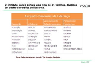 O Instituto Gallup definiu uma lista de 34 talentos, divididos
em quatro dimensões de liderança.




                                                                 Visagio | 52
 
