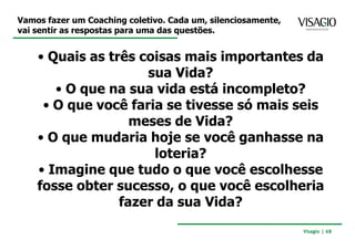 Vamos fazer um Coaching coletivo. Cada um, silenciosamente,
vai sentir as respostas para uma das questões.


    • Quais as três coisas mais importantes da
                     sua Vida?
       • O que na sua vida está incompleto?
     • O que você faria se tivesse só mais seis
                   meses de Vida?
    • O que mudaria hoje se você ganhasse na
                      loteria?
    • Imagine que tudo o que você escolhesse
    fosse obter sucesso, o que você escolheria
                 fazer da sua Vida?
                                                              Visagio | 68
 