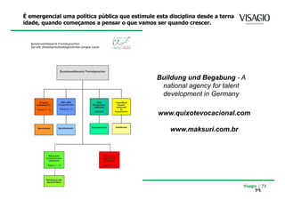 É emergencial uma política pública que estimule esta disciplina desde a terna
idade, quando começamos a pensar o que vamos ser quando crescer.




                                                Buildung und Begabung - A
                                                 national agency for talent
                                                 development in Germany

                                                 www.quixotevocacional.com

                                                     www.maksuri.com.br




                                                                                Visagio | 73
                                                                                     73
 