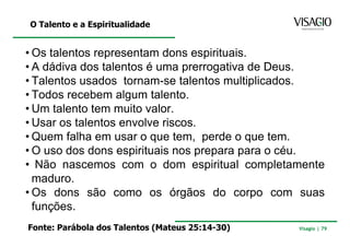 O Talento e a Espiritualidade


• Os talentos representam dons espirituais.
• A dádiva dos talentos é uma prerrogativa de Deus.
• Talentos usados tornam-se talentos multiplicados.
• Todos recebem algum talento.
• Um talento tem muito valor.
• Usar os talentos envolve riscos.
• Quem falha em usar o que tem, perde o que tem.
• O uso dos dons espirituais nos prepara para o céu.
• Não nascemos com o dom espiritual completamente
  maduro.
• Os dons são como os órgãos do corpo com suas
  funções.
Fonte: Parábola dos Talentos (Mateus 25:14-30)   Visagio | 79
 
