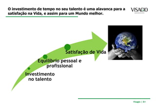 O investimento de tempo no seu talento é uma alavanca para a
satisfação na Vida, e assim para um Mundo melhor.




                             Satisfação de Vida
               Equilíbrio pessoal e
                  profissional
        Investimento
          no talento



                                                               Visagio | 81
 