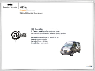 MÍDIA
Projeto|Concurso
120 Chamadas
2 Flashes ao Vivo: chamadas do local.
O comunicador interage ao vivo com o público.
Formatos: Chamadas de 30” e Flash de 60’’
Posição: indeterminado
Período: Março – 30 dias
Frequência: 4 vezes ao dia
Rádio Atlântida Blumenau
 