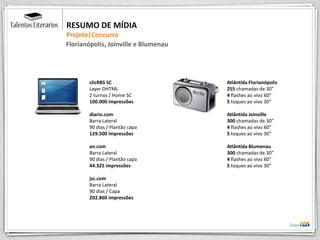 RESUMO DE MÍDIA
Projeto|Concurso
Florianópolis, Joinville e Blumenau
clicRBS SC
Layer DHTML
2 turnos / Home SC
100.000 impressões
diario.com
Barra Lateral
90 dias / Plantão capa
129.500 impressões
an.com
Barra Lateral
90 dias / Plantão capa
44.325 impressões
jsc.com
Barra Lateral
90 dias / Capa
202.860 impressões
Atlântida Florianópolis
255 chamadas de 30”
4 flashes ao vivo 60”
5 toques ao vivo 30”
Atlântida Joinville
300 chamadas de 30”
4 flashes ao vivo 60”
5 toques ao vivo 30”
Atlântida Blumenau
300 chamadas de 30”
4 flashes ao vivo 60”
5 toques ao vivo 30”
 