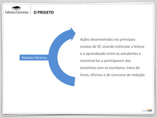 Rodadas literárias
O PROJETO
Ações desenvolvidas nas principais
escolas de SC visando estimular a leitura
e o aprendizado entre os estudantes e
incentivá-los a participarem dos
encontros com os escritores, troca de
livros, oficinas e do concurso de redação.
 