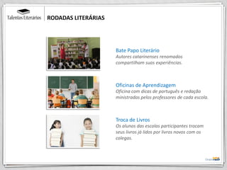 RODADAS LITERÁRIAS
Autores catarinenses renomados
compartilham suas experiências.
Bate Papo Literário
Oficina com dicas de português e redação
ministradas pelos professores de cada escola.
Oficinas de Aprendizagem
Os alunos das escolas participantes trocam
seus livros já lidos por livros novos com os
colegas.
Troca de Livros
 