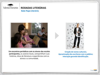 RODADAS LITERÁRIAS
Bate Papo Literário
Criação de ícones culturais;
Aproximação dos escritores com o público;
Interação gerando identificação.
Em encontros periódicos com os alunos das escolas
participantes, os autores locais, compartilham suas
histórias, dicas de literatura e experiências com os
alunos e a comunidade.
 